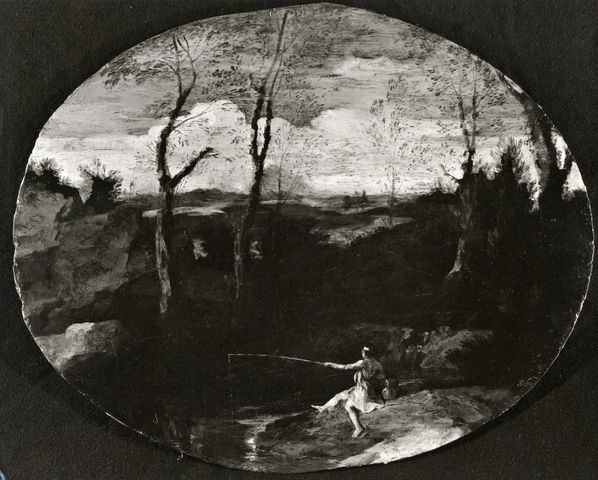 Anonimo — Dughet Gaspard - sec. XVII - Paesaggio con fiume e pescatore — insieme